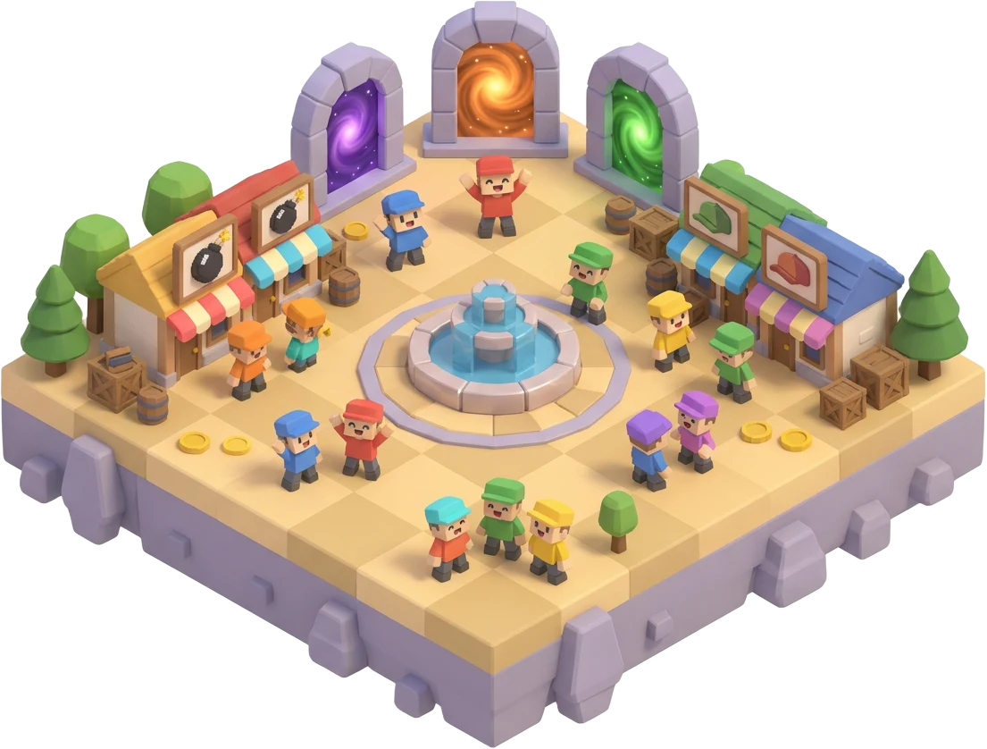 Fusetown hub town with shops, portals and players